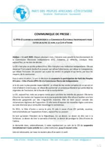 Communiqué de presse du PPA-CI relatif à la suspension du parti à la CEI