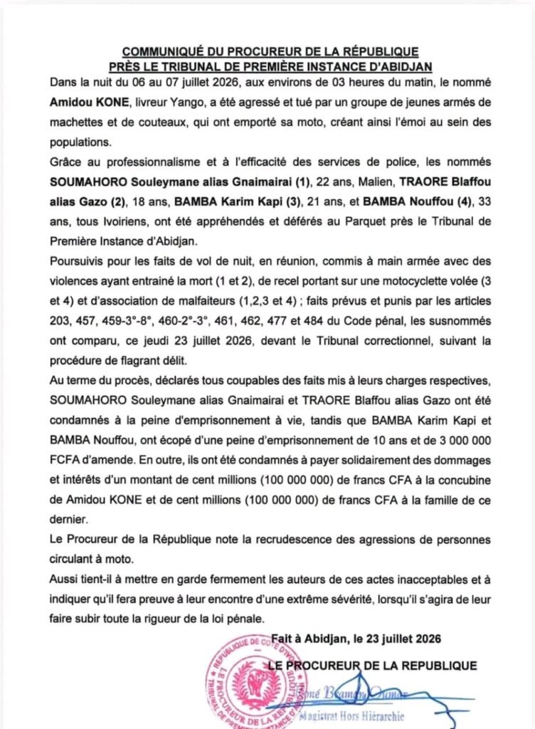 Communiqué du Procureur de la République près du Tribunal de Première Instance d'Abidjan